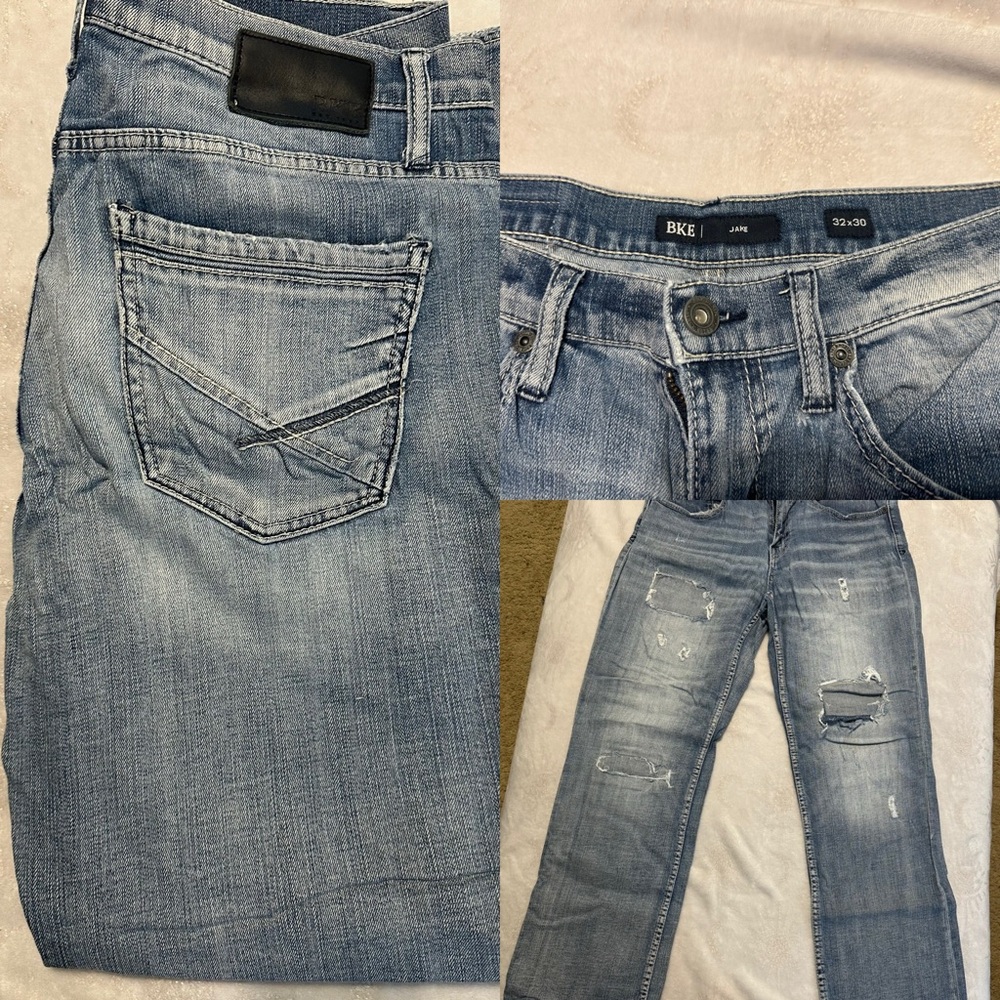 BKE Blue Slim Jeans with Distressed Details